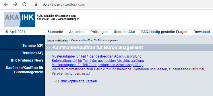 Scrennshot der Webseite des AKA IHK